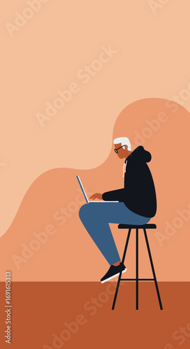 Stylish senior man working remotely on a laptop, embodying modern productivity and freelance lifestyle. Ideal for tech, education, or business concepts.