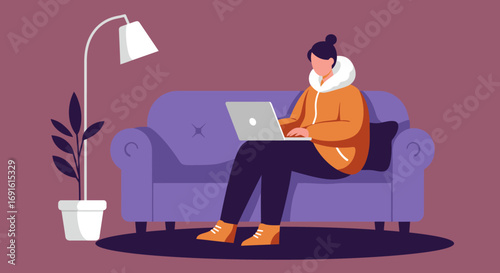 Person working remotely on a laptop from the comfort of their home sofa, illustrating modern work-life balance and digital productivity. Ideal for lifestyle and business concepts.