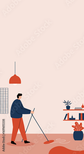 Man performing household chores, cleaning the floor in a modern, minimalist home. Represents domestic life, cleanliness, and responsibility. Ideal for lifestyle and home care concepts.