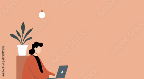 Modern illustration of a person working remotely on a laptop at home, emphasizing flexible work, productivity, and digital lifestyle.