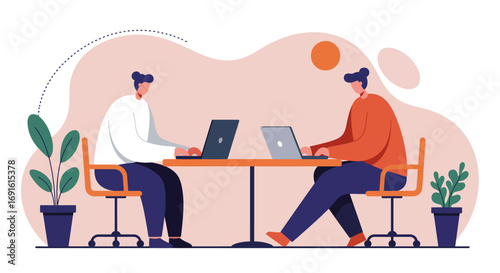 Two professionals focused on their laptops at a shared table, representing teamwork, productivity, and modern work. Ideal for business, technology, and remote work concepts.