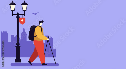 Person with backpack and walking poles journeying through a city, with an iconic lamppost and cityscape. Ideal for travel, active lifestyle, and urban exploration themes.