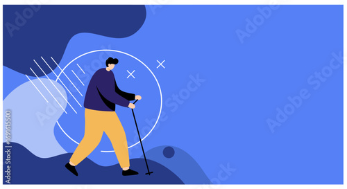 Man walking confidently with a stick, symbolizing support, progress, and independence. Ideal for concepts of health, journey, or assistive technology.