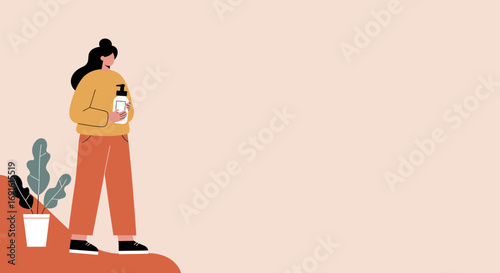 Illustration of a woman holding a pump bottle, ideal for promoting hygiene, self-care, beauty, or home wellness products and routines.