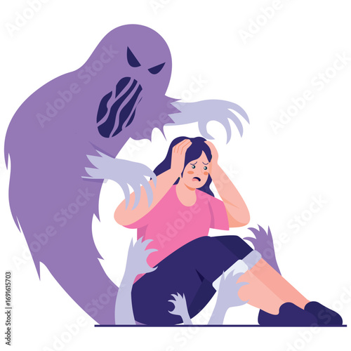 Mental Healthy Illustration. Vector illustration of Frightened woman overwhelmed by a looming purple monster, visualizing anxiety, fear, and intrusive thoughts. Isolated on background