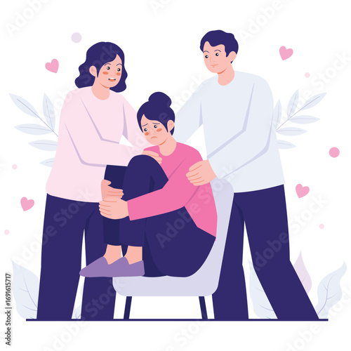 Mental Healthy Illustration. Vector illustration of Caring relatives comfort a sad woman, showing empathy and emotional support for mental health recovery. Isolated on background