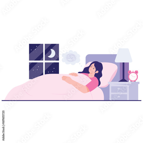 Mental Healthy Illustration. Vector illustration of A worried woman lies awake at night, struggling with insomnia and racing thoughts in a quiet bedroom. Isolated on background
