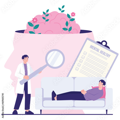 Mental Healthy Illustration. Vector illustration of A psychologist evaluates a resting patient with a checklist and magnifier, highlighting professional mental health care. Isolated on background