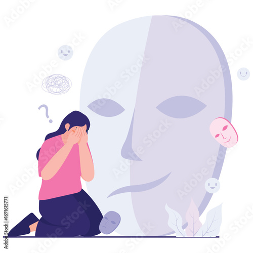 Mental Healthy Illustration. Vector illustration of A distressed woman kneels by a giant mask, illustrating identity confusion and mood disorder struggles. Isolated on background