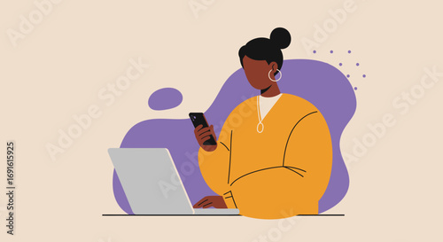 Woman multitasking, using a laptop and smartphone simultaneously. Represents remote work, online communication, and modern digital lifestyle.