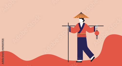 Illustrated traveler in traditional Asian attire, wearing a conical hat and carrying a lantern on a pole, symbolizing cultural heritage or adventure.