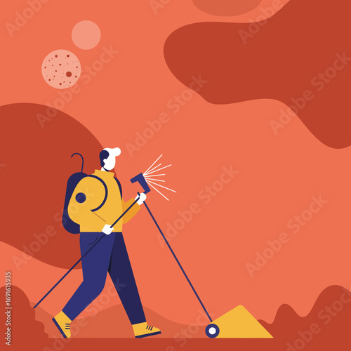A futuristic explorer surveys an alien planet with advanced technology, highlighting themes of space exploration, scientific discovery, and future innovation.
