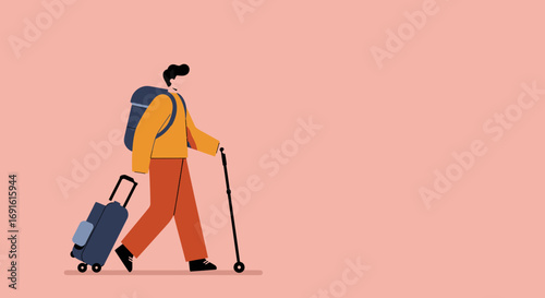 Stylized character with backpack, rolling luggage, and walking stick, ready for travel or adventure. Represents journey, exploration, and modern mobility.