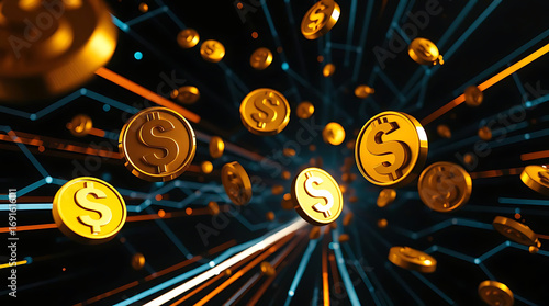 Golden dollar coins floating in a digital space, representing online finance and cryptocurrency concept