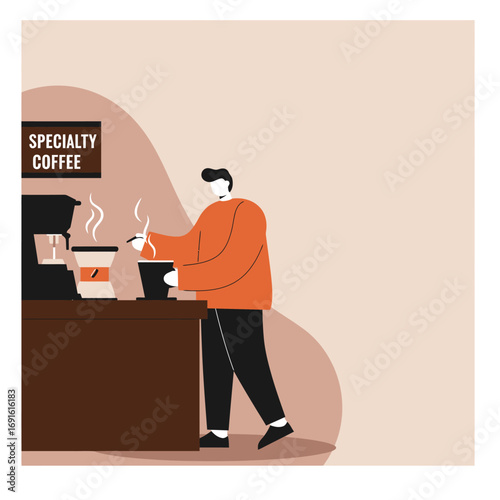 Man preparing a steaming cup of specialty coffee at a counter, reflecting a morning routine or coffee break.