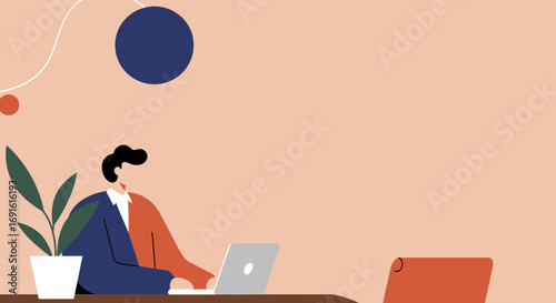 Modern illustration of a man working on a laptop at a desk, emphasizing productivity and remote work. Ideal for business, technology, or lifestyle concepts.