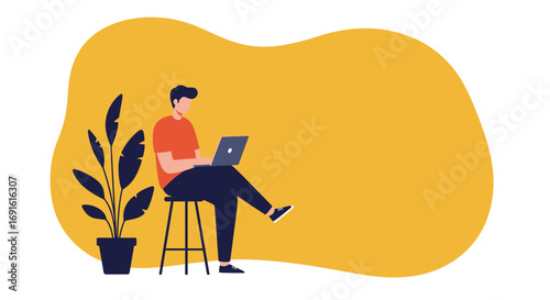 Young man working on laptop, sitting on a stool with a plant beside him, against a vibrant yellow background. Ideal for remote work, education, or freelance lifestyle concepts.