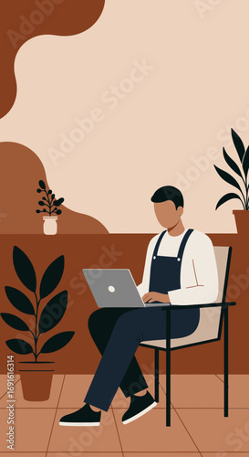 A focused man works remotely on his laptop in a modern, plant-filled home environment, embodying flexible work, productivity, and contemporary lifestyle.