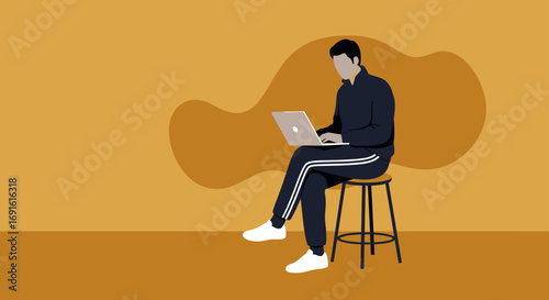 A man in casual attire works on a laptop, embodying remote work, digital lifestyle, and online productivity. Ideal for business, technology, and freelance concepts.