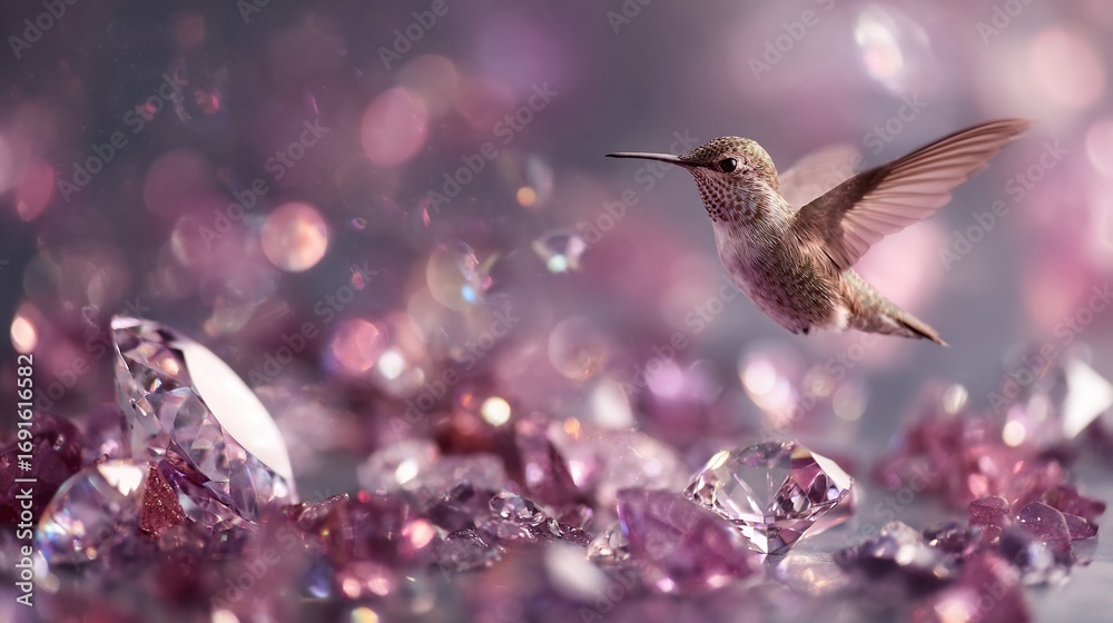 Fototapeta premium Hovering hummingbird among scattered pink gemstones, bokeh lights softly glow