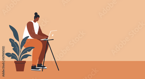Illustration of a person working remotely on a laptop, embodying modern work-life balance and digital productivity. Ideal for business, technology, or lifestyle concepts.