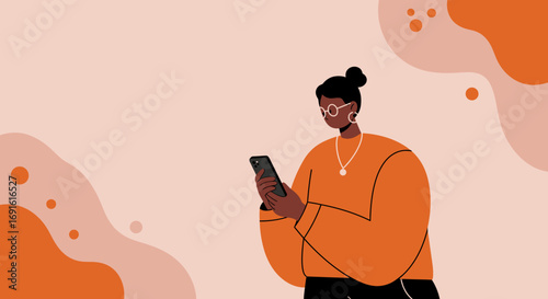 Modern illustration of a woman using her smartphone, connecting online in a digital world. Ideal for technology, lifestyle, and communication concepts.
