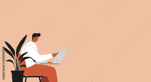 Focused man working on a laptop with a stylus, symbolizing remote work, digital creativity, online business, and modern productivity. Ideal for lifestyle and professional concepts.