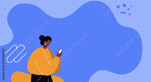 Illustration of a person using a smartphone, depicting modern digital communication and online connectivity on an abstract blue background. Perfect for technology and lifestyle themes.