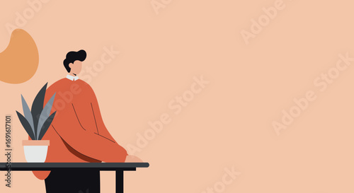 Minimalist illustration of a man working or contemplating at a desk with a plant. Ideal for business, remote work, or modern lifestyle concepts.