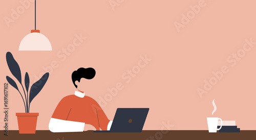 Person working remotely on laptop at a desk with a plant and coffee. Ideal for concepts of productivity, home office, online learning, and modern lifestyle.
