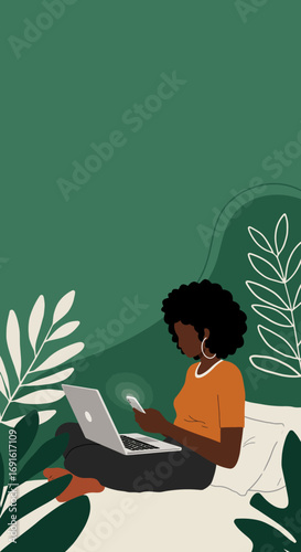 Relaxed African American woman multitasking with laptop and smartphone in a modern, plant-filled home environment. Ideal for remote work, digital lifestyle, and online communication themes.