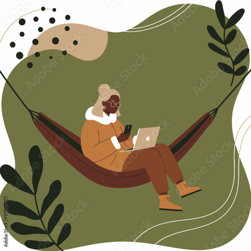 Relaxed senior woman in a hammock, using a laptop and smartphone in an outdoor setting. Modern senior lifestyle, remote work, and leisure.