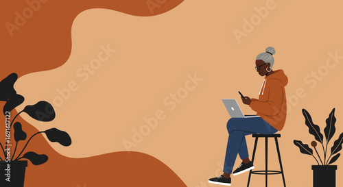 Elderly Black woman multitasking with laptop and smartphone, embodying remote work, digital communication, and connected lifestyle. Ideal for technology, education, and business concepts.