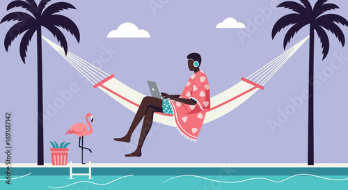 Person working remotely from a hammock by a pool with palm trees and a flamingo, embodying vacation, freedom, and modern work-life balance.