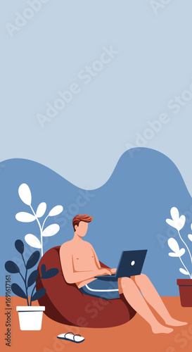 Man working on laptop from a comfortable bean bag, embodying remote work flexibility and a relaxed lifestyle with tropical plants. Perfect for business, travel, or summer themes.
