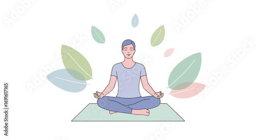 Man meditating in a relaxed seated yoga pose on a yoga mat, surrounded by leaves.