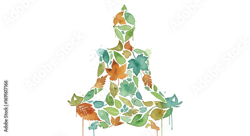 Watercolor illustration of a person meditating in a lotus position, adorned with leaves and flowers, suggesting a connection with nature and mindfulness.