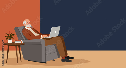 An elderly man comfortably uses a laptop in his modern living room, representing remote work, digital literacy, and a relaxed lifestyle.
