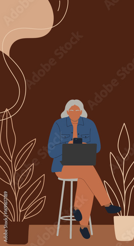 Senior woman actively working on her laptop and phone, representing modern remote work, digital literacy, and an engaged lifestyle for older adults. Perfect for business and technology themes.