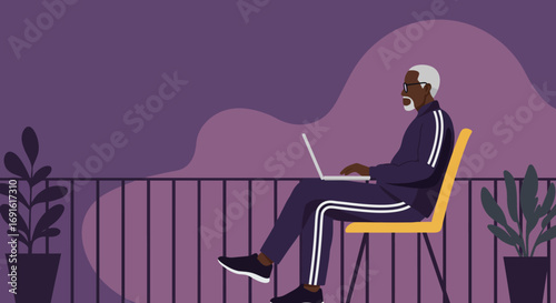 Senior African American man focused on his laptop on a modern balcony, illustrating remote work, digital connectivity, and an active leisure lifestyle.