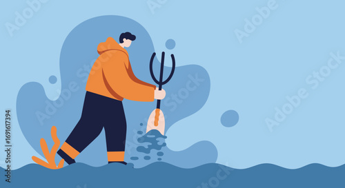 Person wading through water with a trident, illustrating concepts of fishing, environmental work, or overcoming obstacles. Flat design.
