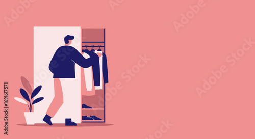 Man selecting an outfit from his modern wardrobe, highlighting daily routine, personal style, and home lifestyle choices.