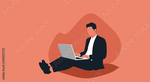 Professional man in a suit working diligently on a laptop while sitting, depicting remote work, flexible business, or digital nomad lifestyle.