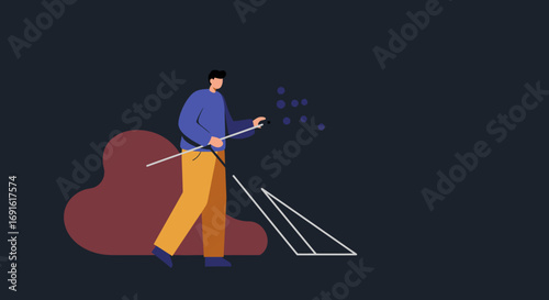 Illustration of a man using a pointer to interact with abstract data dots, symbolizing accessibility, technology, and information processing. Ideal for business, education, or digital concepts.