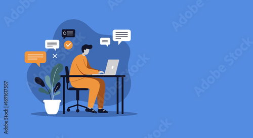 Person diligently working on a laptop at a desk, surrounded by digital communication and task notifications. Illustrates remote work, online collaboration, productivity, or business communication.