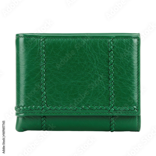 Emerald green leather wallet with braided detailing, isolated on white background