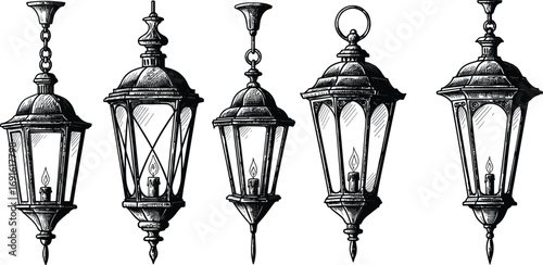 Vintage hanging lanterns illustration, antique street lamps, hand-drawn old-fashioned light fixtures, classic outdoor lighting, retro candle lamps
