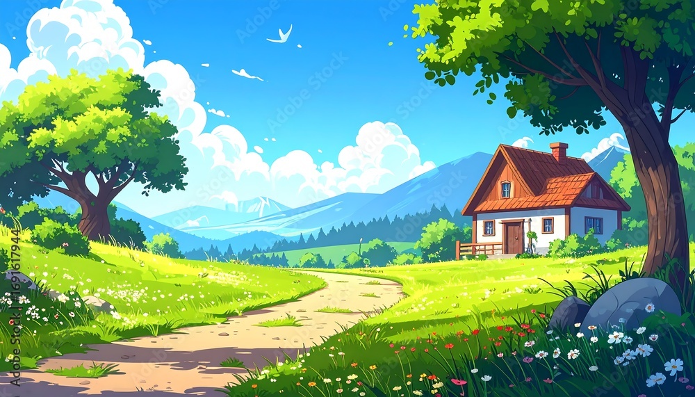Naklejka premium Vibrant 2D animated illustration of a charming country house on green hills with a path, trees, and distant mountains under a clear blue sky
