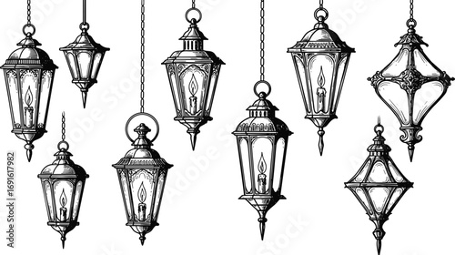 Vintage hanging lanterns with intricate metal designs and lit candles, hand-drawn decorative light fixtures, antique street lamps, rustic illumination art