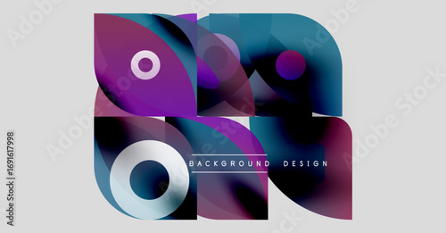 Abstract colorful shapes overlap, creating dynamic composition. Gradient hues blend, forming modern background design. Minimalist style.